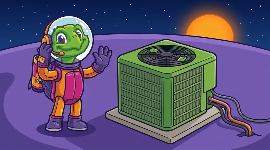 Cartoon astronaut turtle holding its headset with one gloved hand and raising the other open beside a green outdoor AC unit with two leaves resting on its top fan grille