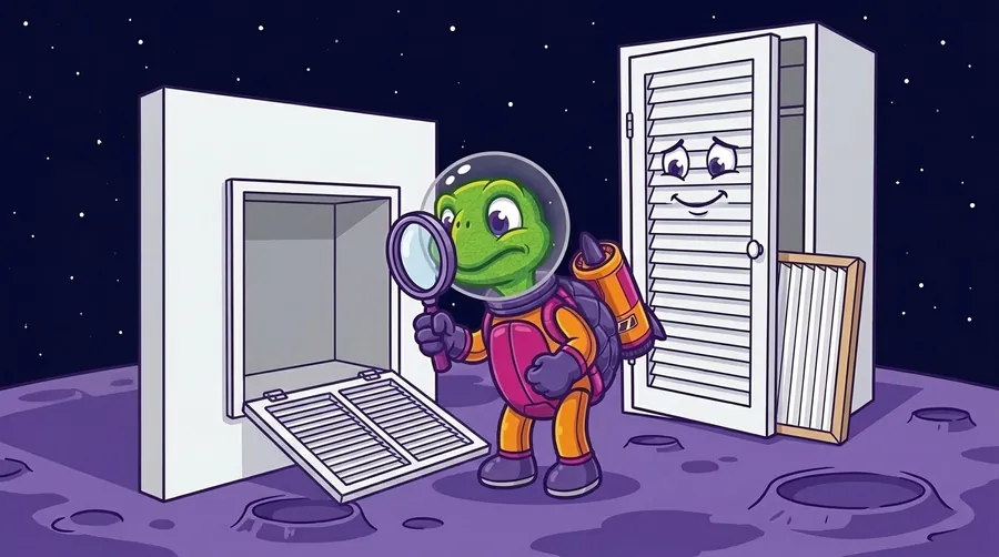 Cartoon astronaut turtle peering through a magnifying glass into an empty opening behind an open wall grille, while a clean pleated air filter leans beside the half-open door of a smiling louvered closet on a purple planet.