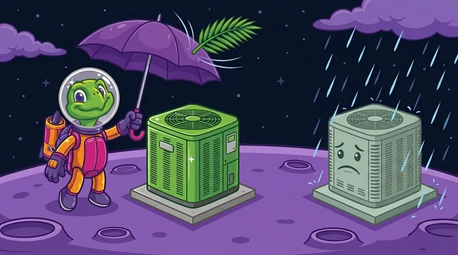 Cartoon astronaut turtle holding a purple umbrella over a shiny green outdoor AC unit as a palm frond bounces off the umbrella, while a faded AC unit with a sad face sits alone in the rain under a purple cloud.
