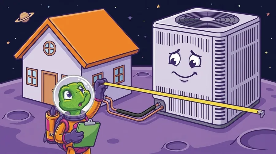 Cartoon astronaut turtle with a clipboard stretches a yellow measuring tape from a small house toward a worried-looking outdoor AC unit nearly as big as the house, on a purple planet under a starry sky.