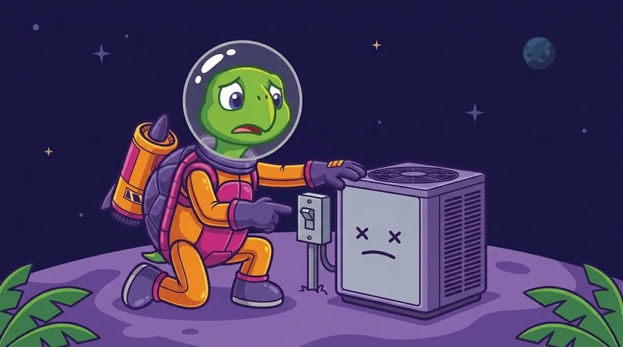 Cartoon astronaut turtle mascot kneeling beside a shut-down air conditioner, pointing at a disconnect switch flipped to off