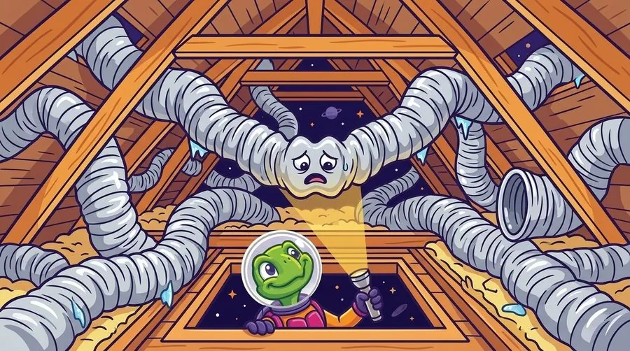 Cartoon attic full of tangled ducts with the turtle mascot inspecting by flashlight