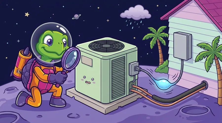 Cartoon astronaut turtle kneeling with a magnifying glass at the blank plate on an outdoor AC unit with a small dazed face, as a glowing blue bulge travels along the power cable from a gray box on the house wall toward the unit