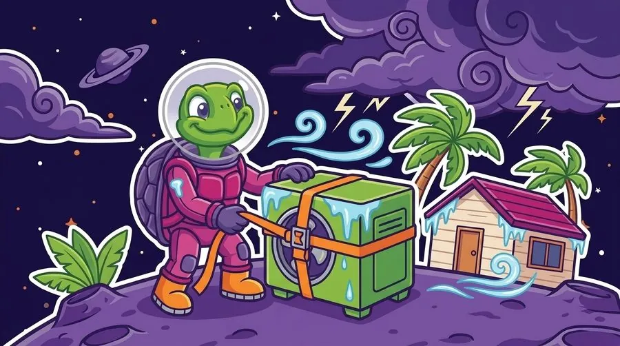 Cartoon turtle mascot strapping down an AC unit as storm clouds gather