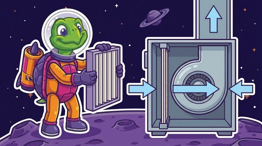 Cartoon astronaut turtle holding up a thick deep-pleated air filter next to a cutaway air handler, where a much thinner flat filter sits in a shallow slot ahead of the blower wheel