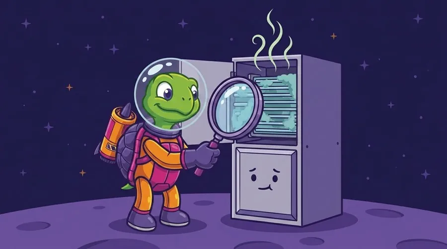 Cartoon astronaut turtle mascot using a magnifying glass to find mildew growing on an air handler's evaporator coil