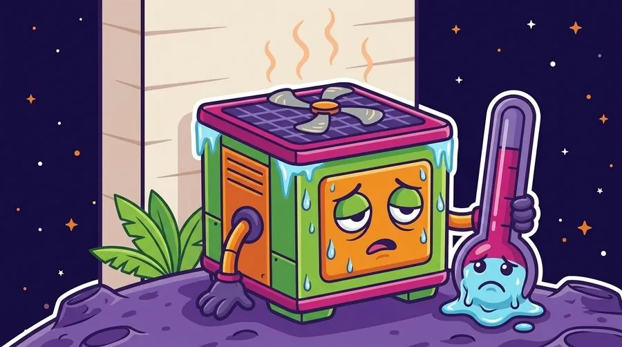 Cartoon of an exhausted, sweating AC unit next to a melting thermometer