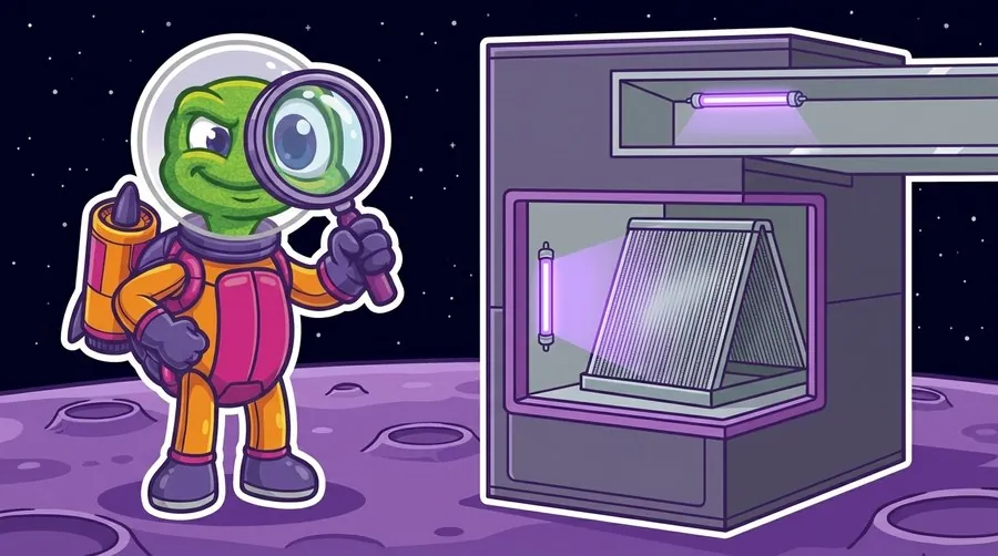 Cartoon astronaut turtle holding a magnifying glass to his own eye beside an air handler, where a violet UV lamp inside shines onto the A-frame evaporator coil while a second violet lamp glows in the duct above and its light reaches nothing