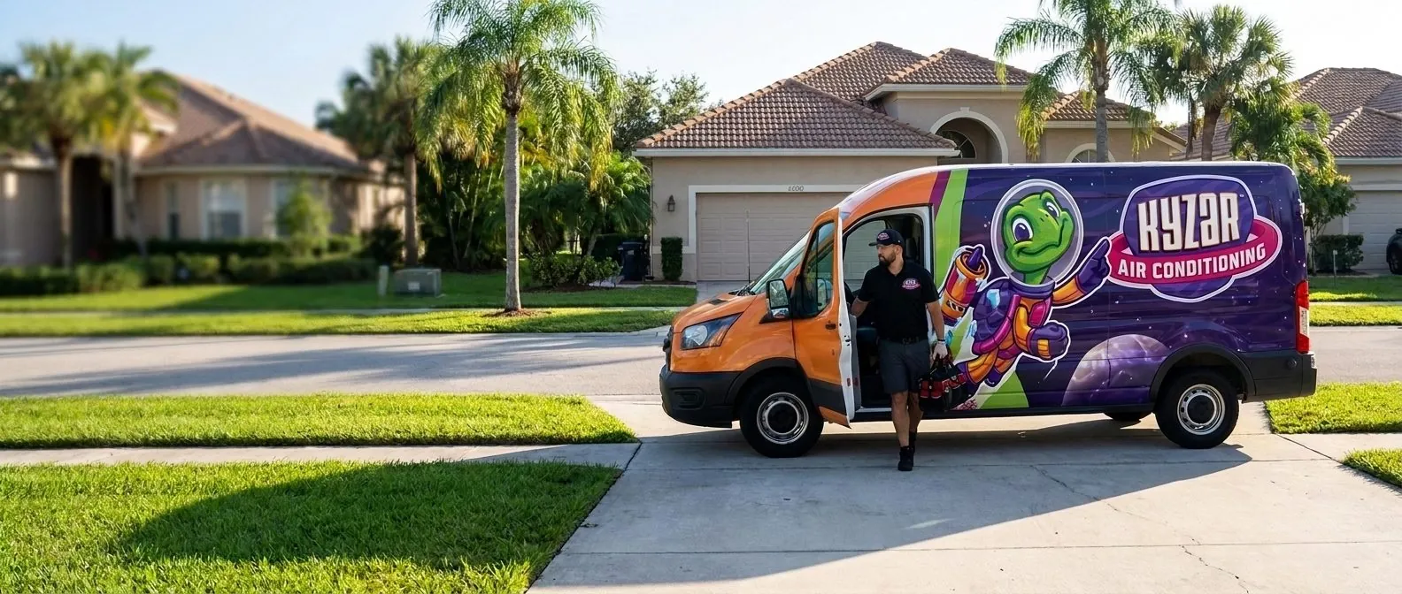 A Kyzar Air Conditioning van arriving at a home in West Palm Beach, Florida