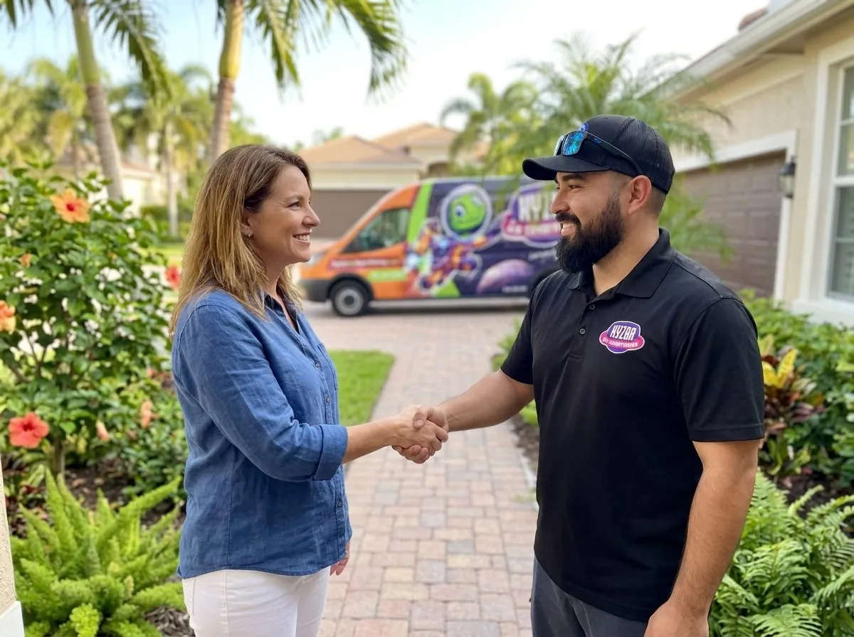 A Kyzar technician shaking hands with a homeowner after an AC repair in West Palm Beach, Florida